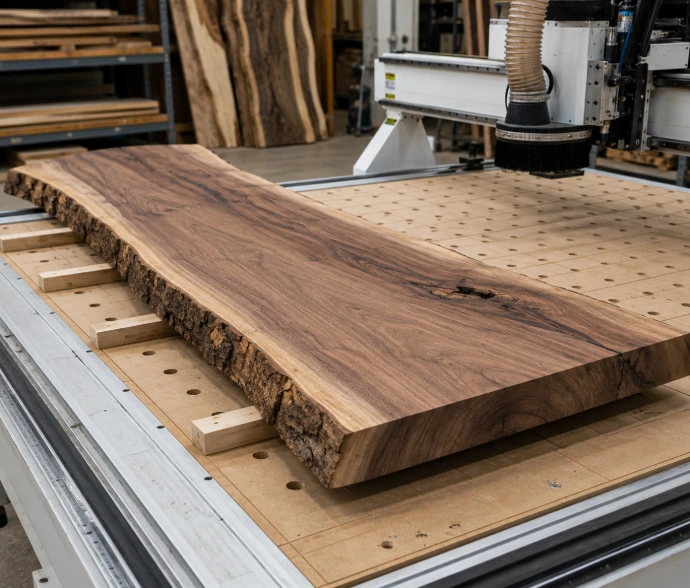 Customer-supplied hardwood slab prepared for CNC surfacing