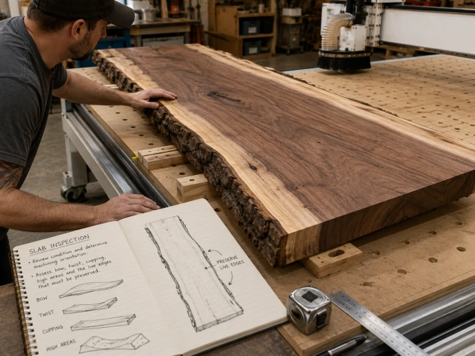 Live-edge slab positioned for CNC flattening