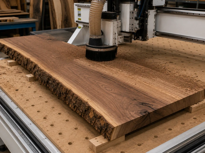 CNC router flattening a hardwood slab