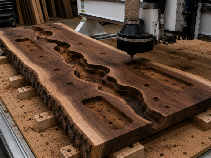 Epoxy river-table channel machined into wood slab