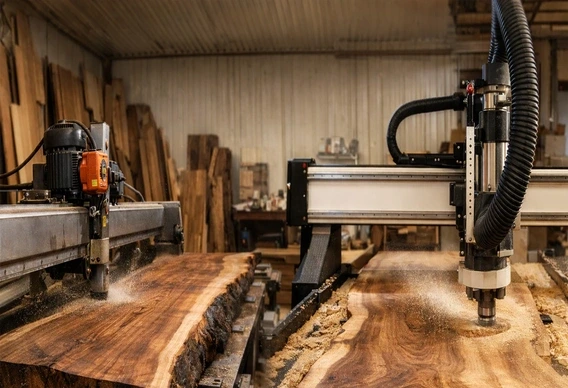 CNC router surfacing a customer-supplied live-edge wood slab